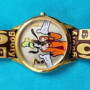 Vintage Rare Disney Gold Print Strap Goofy Watch